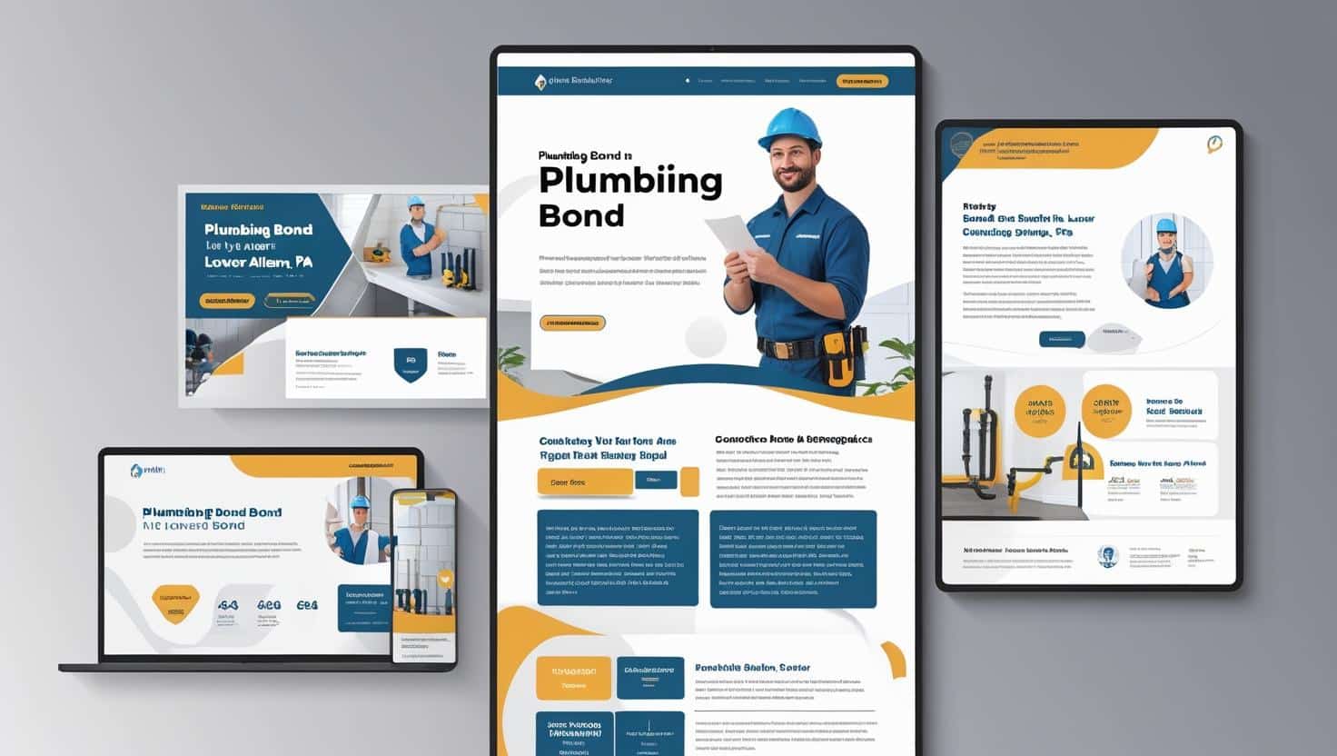 Responsive website mockups displaying information about Lower Allen, PA plumbing bonds with contractor visuals.