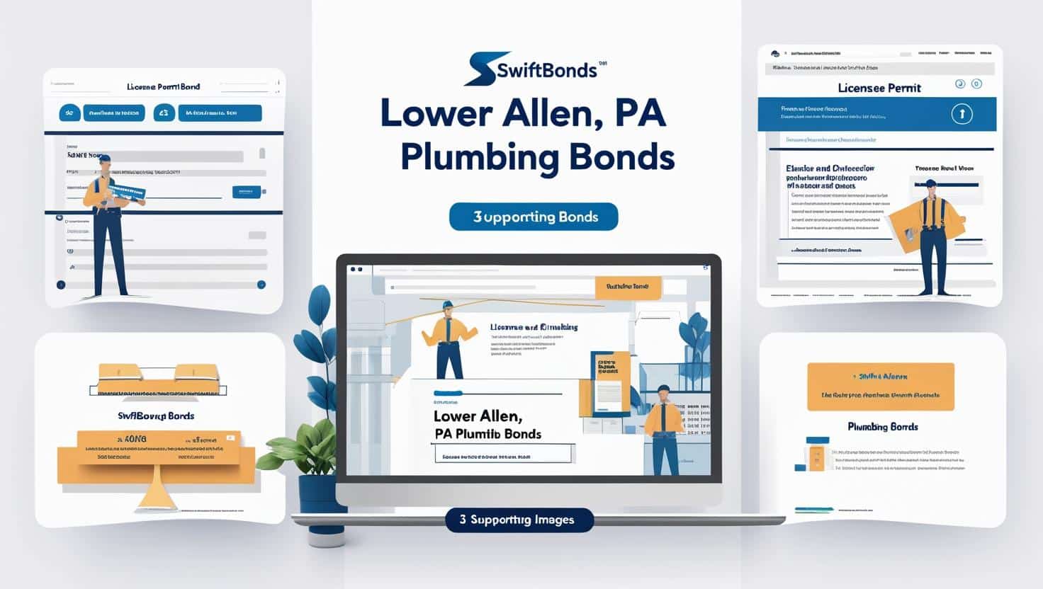 Digital infographic illustrating plumbing bonds in Lower Allen, PA with licensing and application process steps.