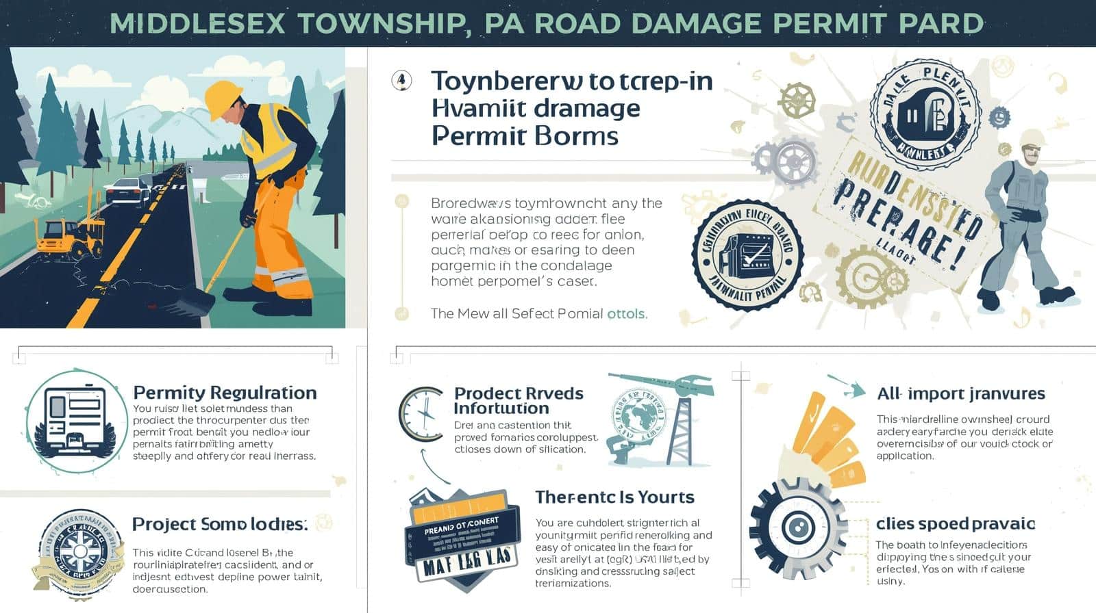 Graphic showing road construction worker and Middlesex Township permit bond regulations with compliance icons.