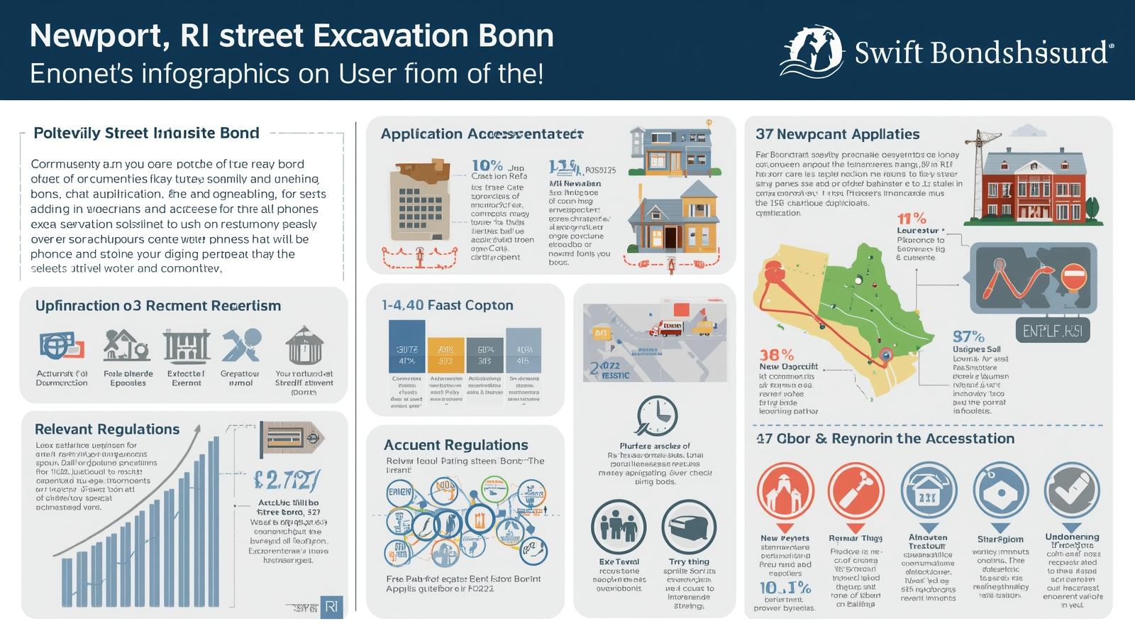 Infographic explaining Newport, RI Street Excavation Bond requirements, application process, regulations, and covered liabilities.