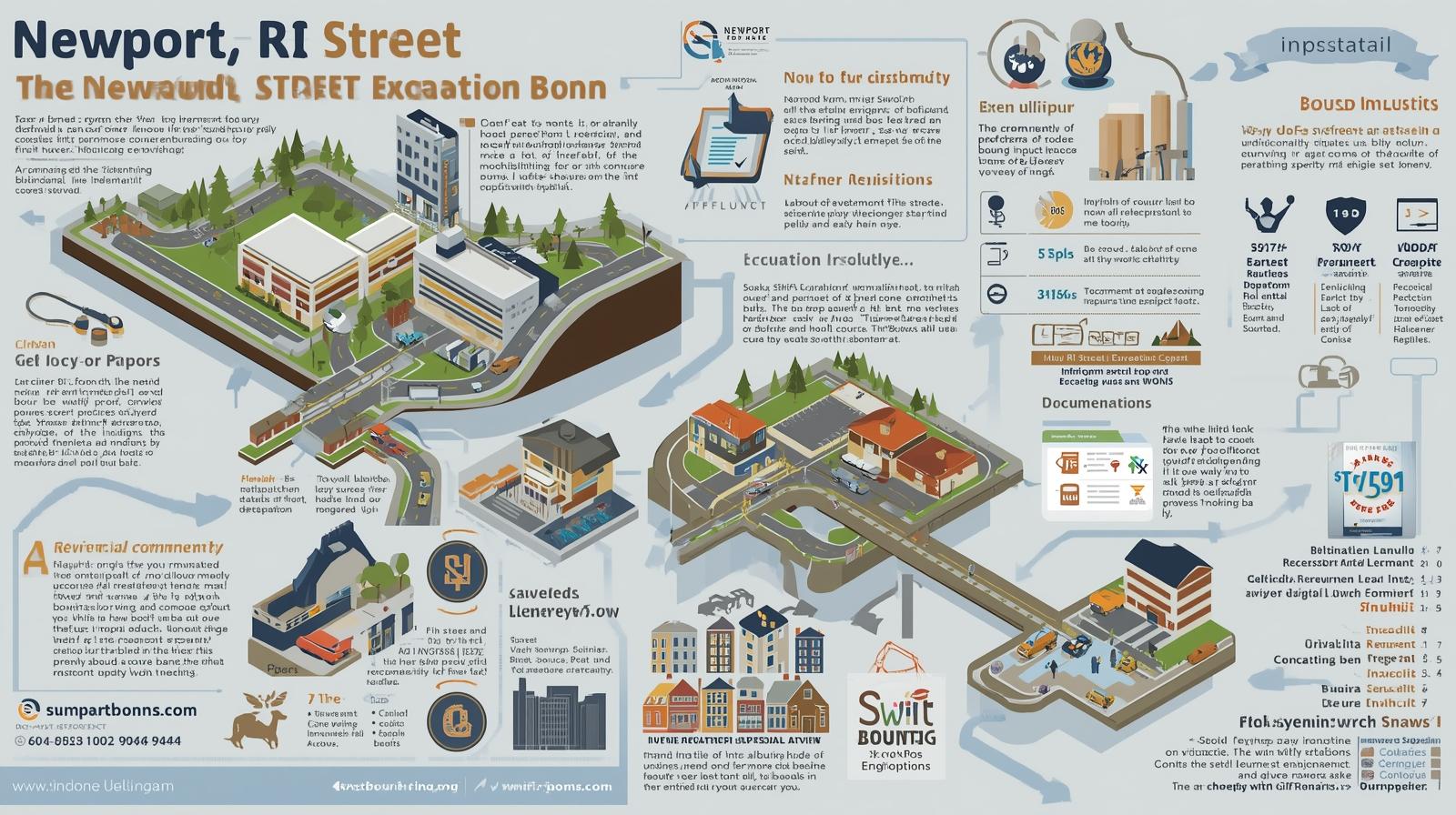 Illustrated guide on Newport, RI Street Excavation Bond showing community impact, bond limits, and permit compliance.