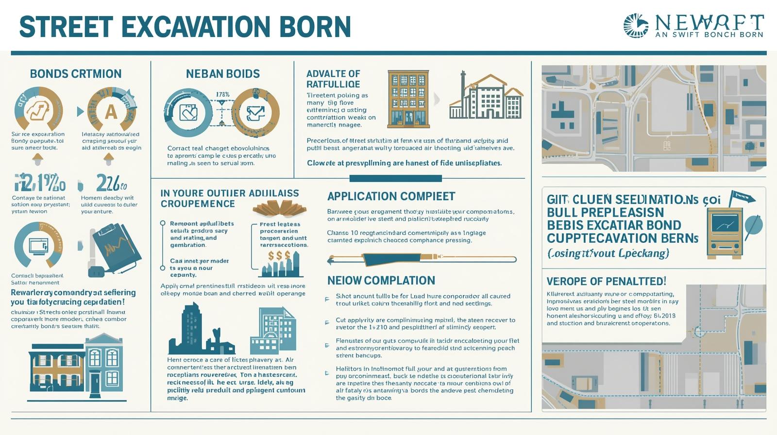 Infographic detailing street excavation bond compliance, penalties, application steps, and contractor responsibilities in Newport, RI.