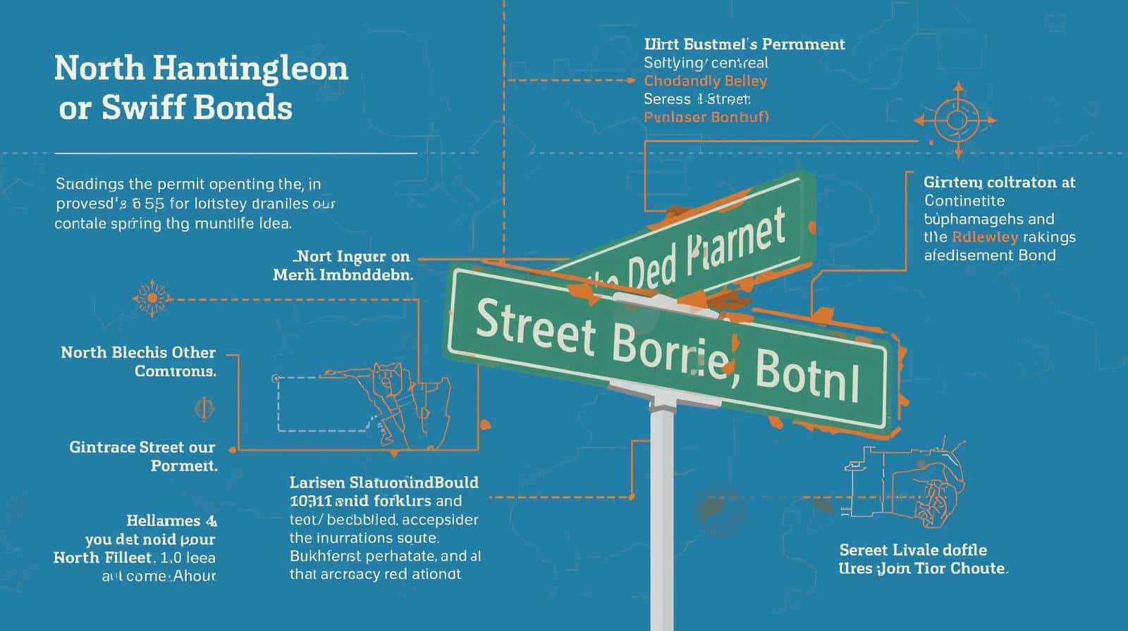 Infographic with road sign visuals highlighting North Huntingdon, PA street opening bond and SwiftBonds details.