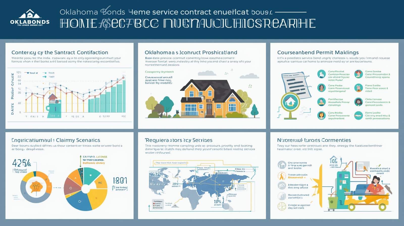 Educational infographic showing Oklahoma home service contract bond benefits, claims scenarios, and licensing rules.