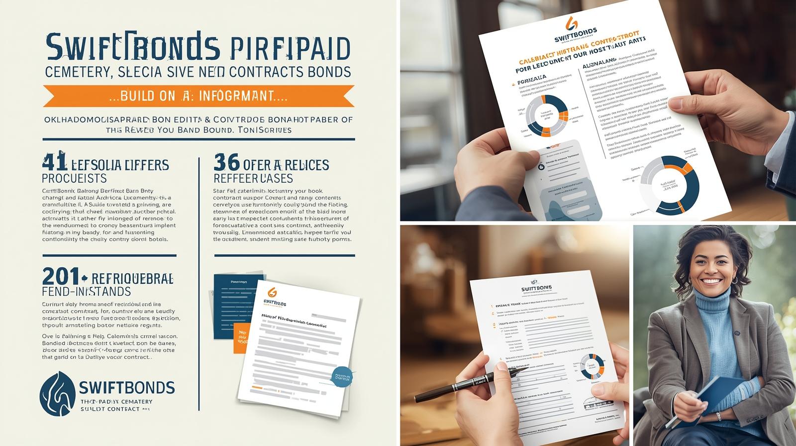 SwiftBonds promotional infographic about prepaid cemetery merchandise contracts with documents and professionals.