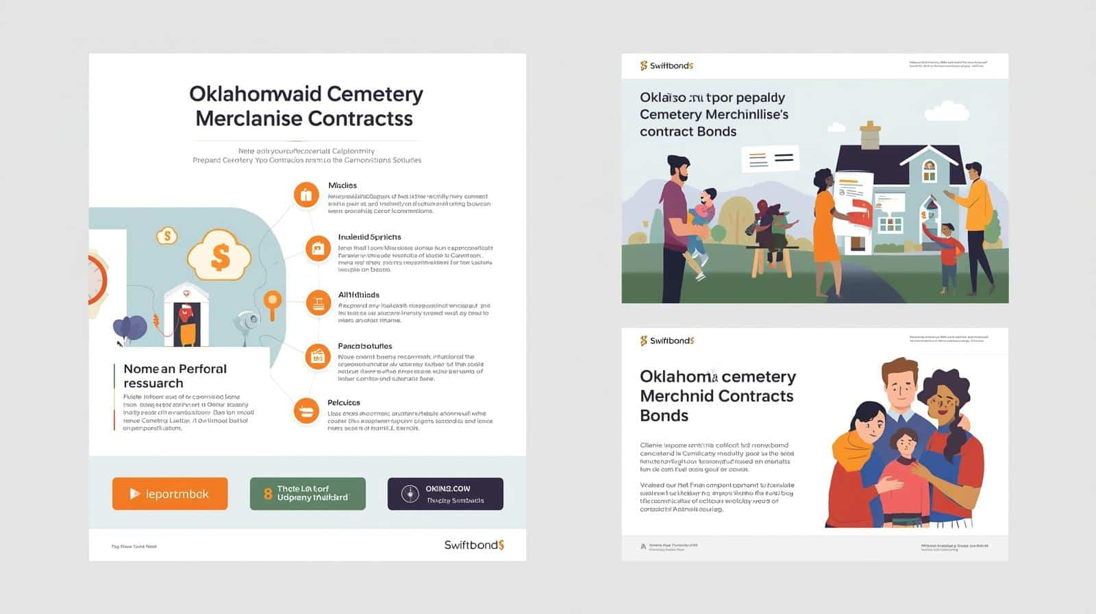 Infographic showing Oklahoma prepaid cemetery merchandise contracts with family illustrations and bond details.