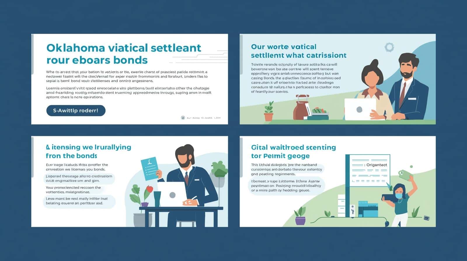Informational graphics highlighting Oklahoma viatical settlement bond licensing, benefits, and provider requirements.