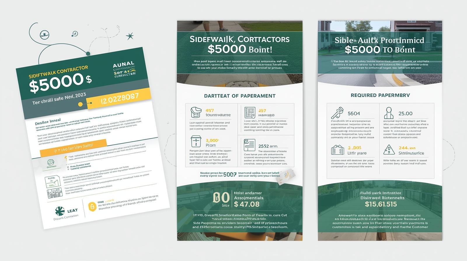Three sidewalk contractor bond documents and brochures displaying 00 bond amounts with detailed paperwork, statistics, and service information.