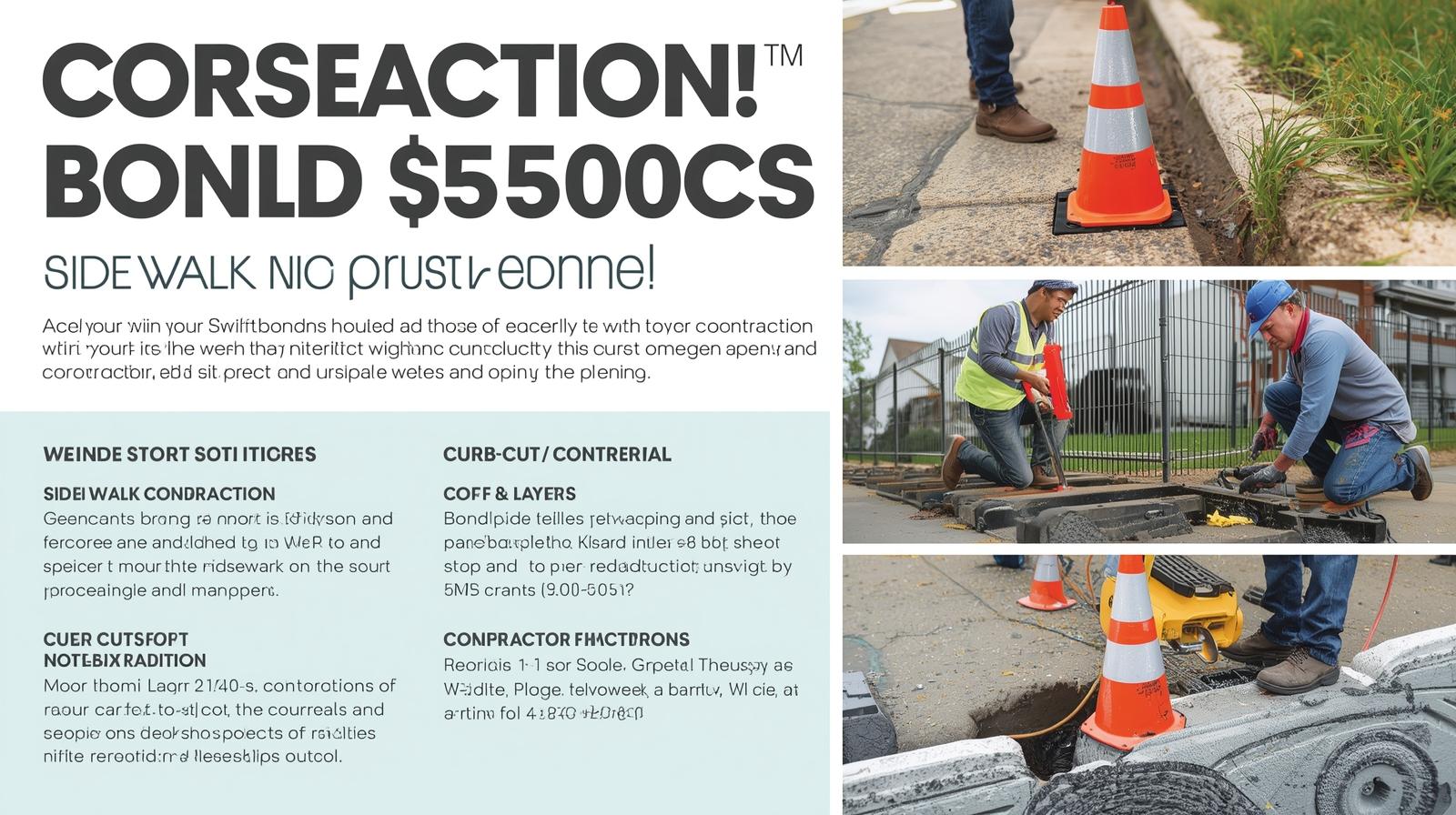 Contractor bond infographic for sidewalk construction showing $5500 bond amount with service categories and photos of concrete work and construction workers.