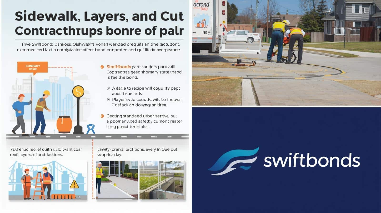 Swiftbonds sidewalk construction bond information layout featuring illustrated workers, construction photos, and company branding with service details.
