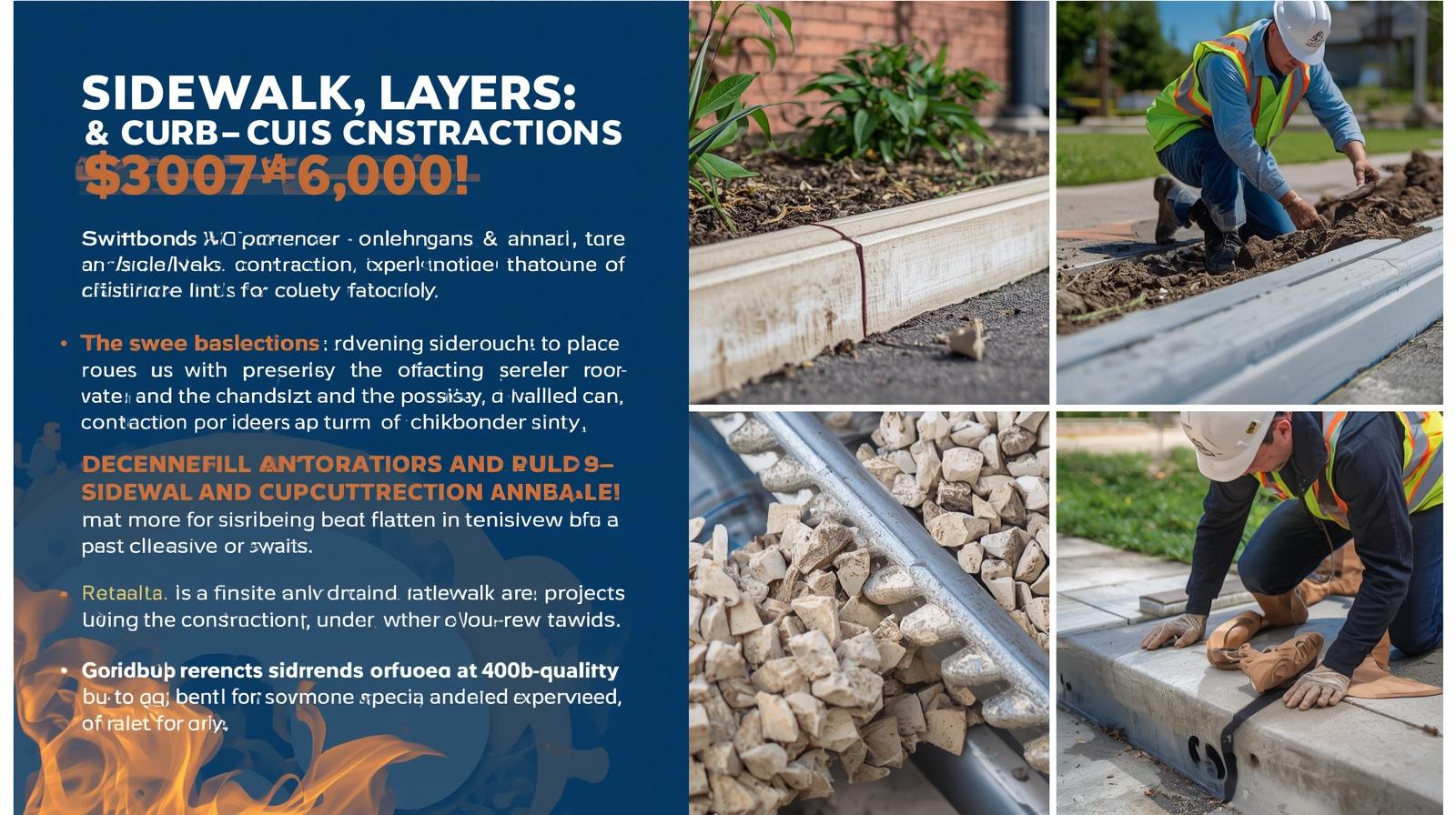 Sidewalk and curb construction bond advertisement showing 07-00 pricing with photos of concrete work, materials, and construction workers.