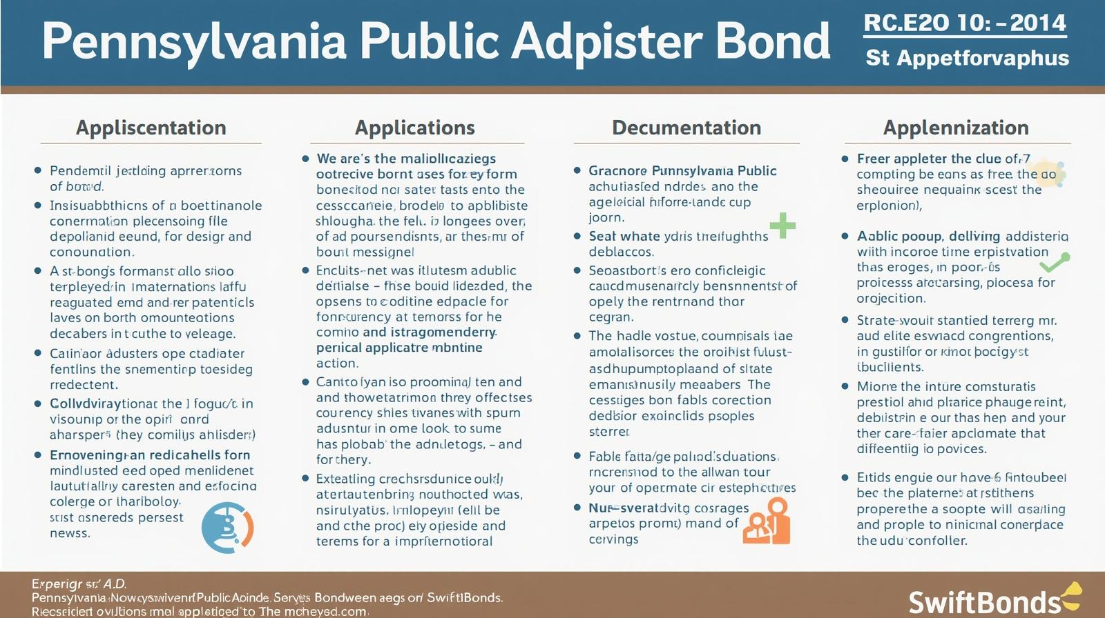 Detailed infographic outlining applications, documentation, and regulations for Pennsylvania Public Adjuster Bonds.