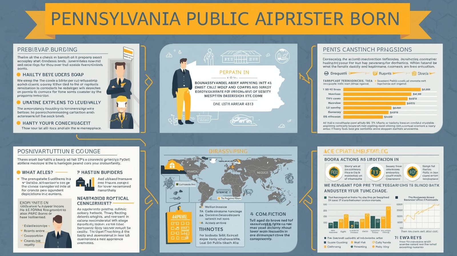 Infographic explaining Pennsylvania Public Adjuster Bond requirements with illustrations and charts.