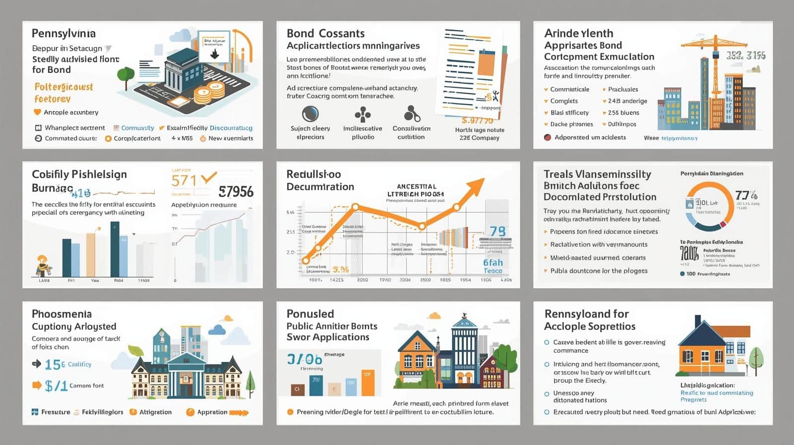 Grid-style infographic with charts, graphs, and icons summarizing Pennsylvania Public Adjuster Bond costs and benefits.