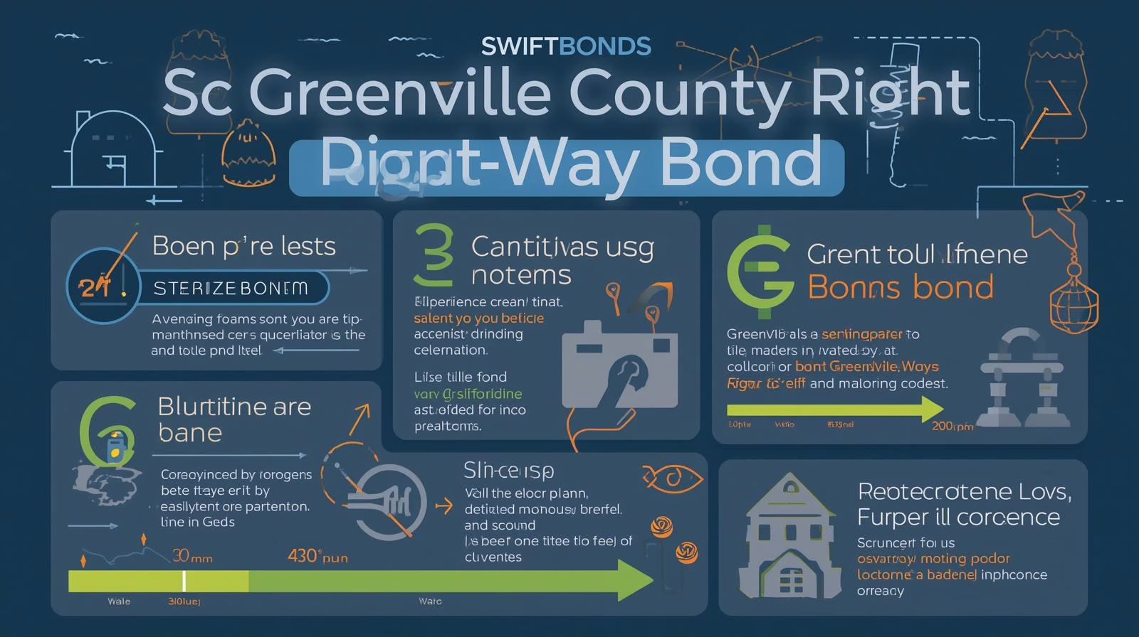 Infographic showing SC Greenville County Right of Way Bond requirements with icons, diagrams, and text details.