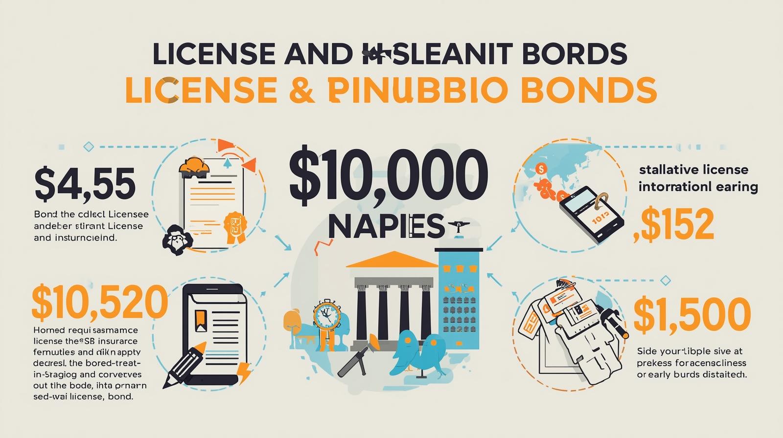 Colorful infographic highlighting license and permit bond costs, fees, and requirements.