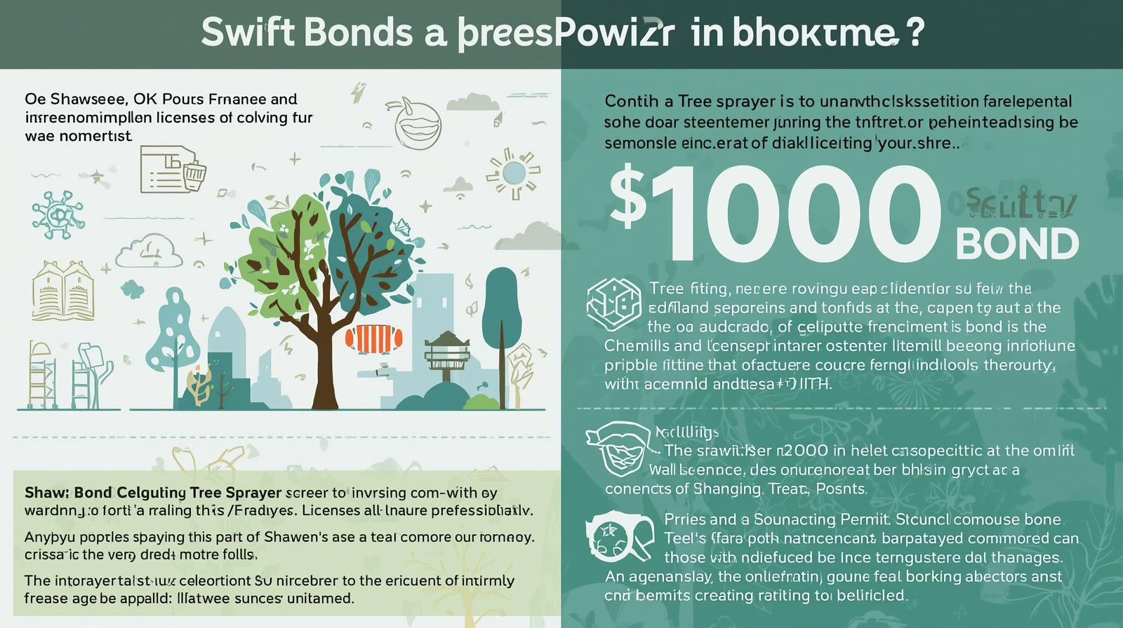 Illustrated infographic explaining Shawnee, OK tree sprayer bond purpose, licensing, and compliance benefits with tree imagery.