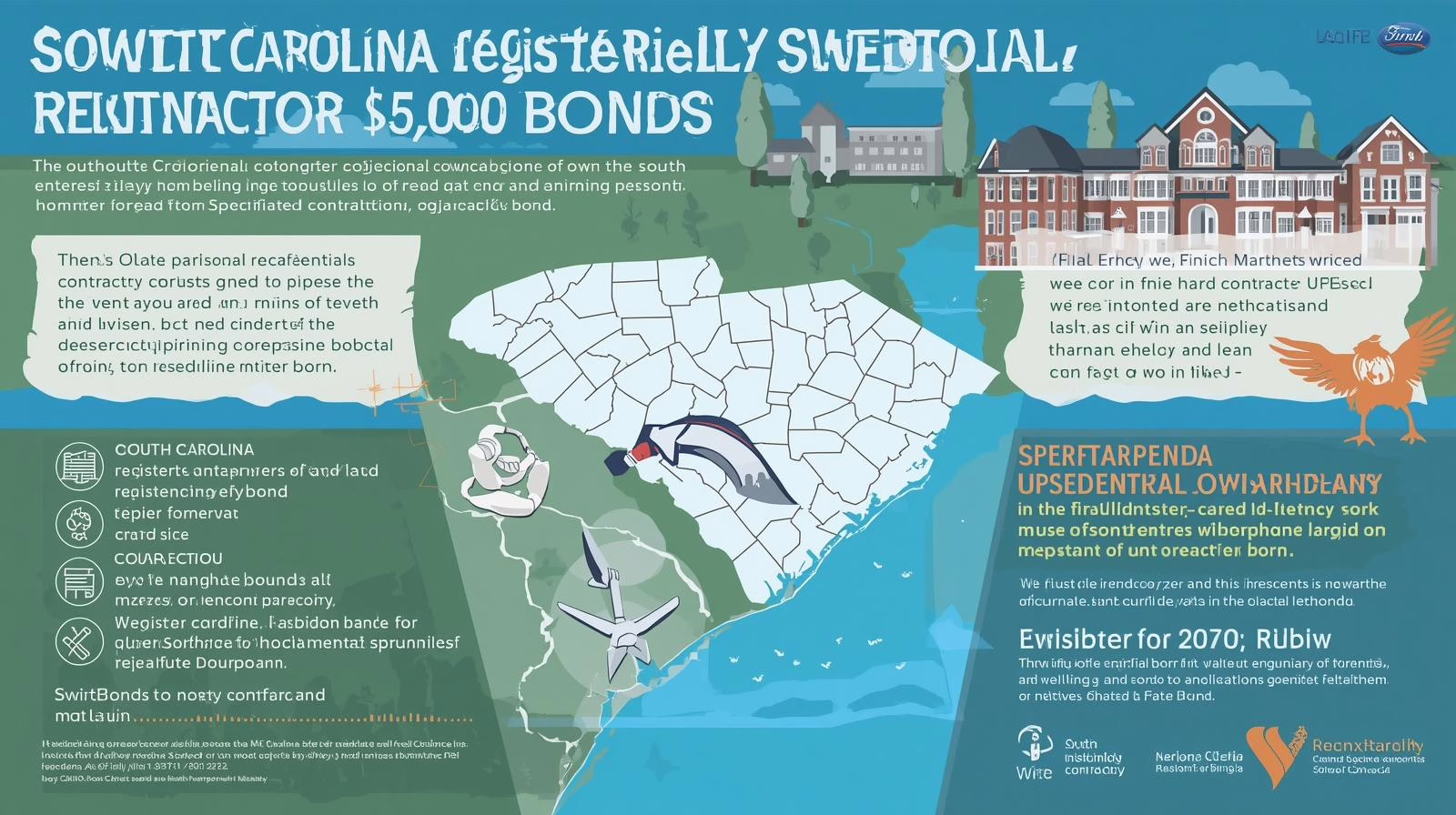 Visual map-based infographic explaining South Carolina contractor bond coverage and compliance obligations.