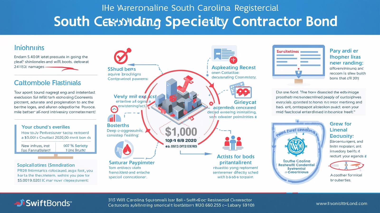 Detailed infographic outlining South Carolina specialty contractor bond benefits, costs, and application process.