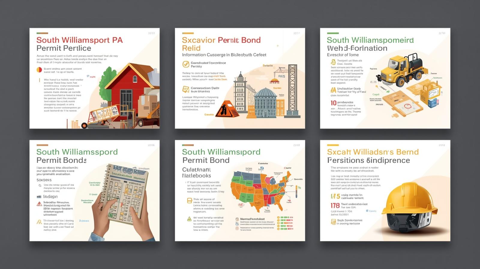 Multi-panel infographic on South Williamsport, PA excavation permit bond showing permit bond process, requirements, and safety.