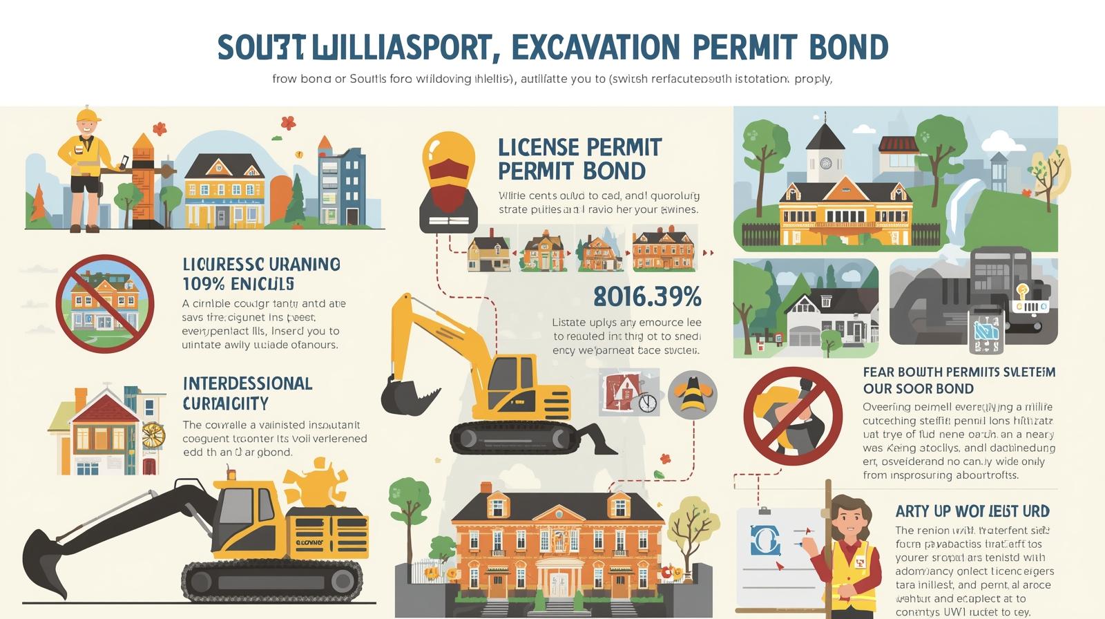 Illustration of excavation permit bond in South Williamsport, PA featuring heavy equipment and licensing steps.