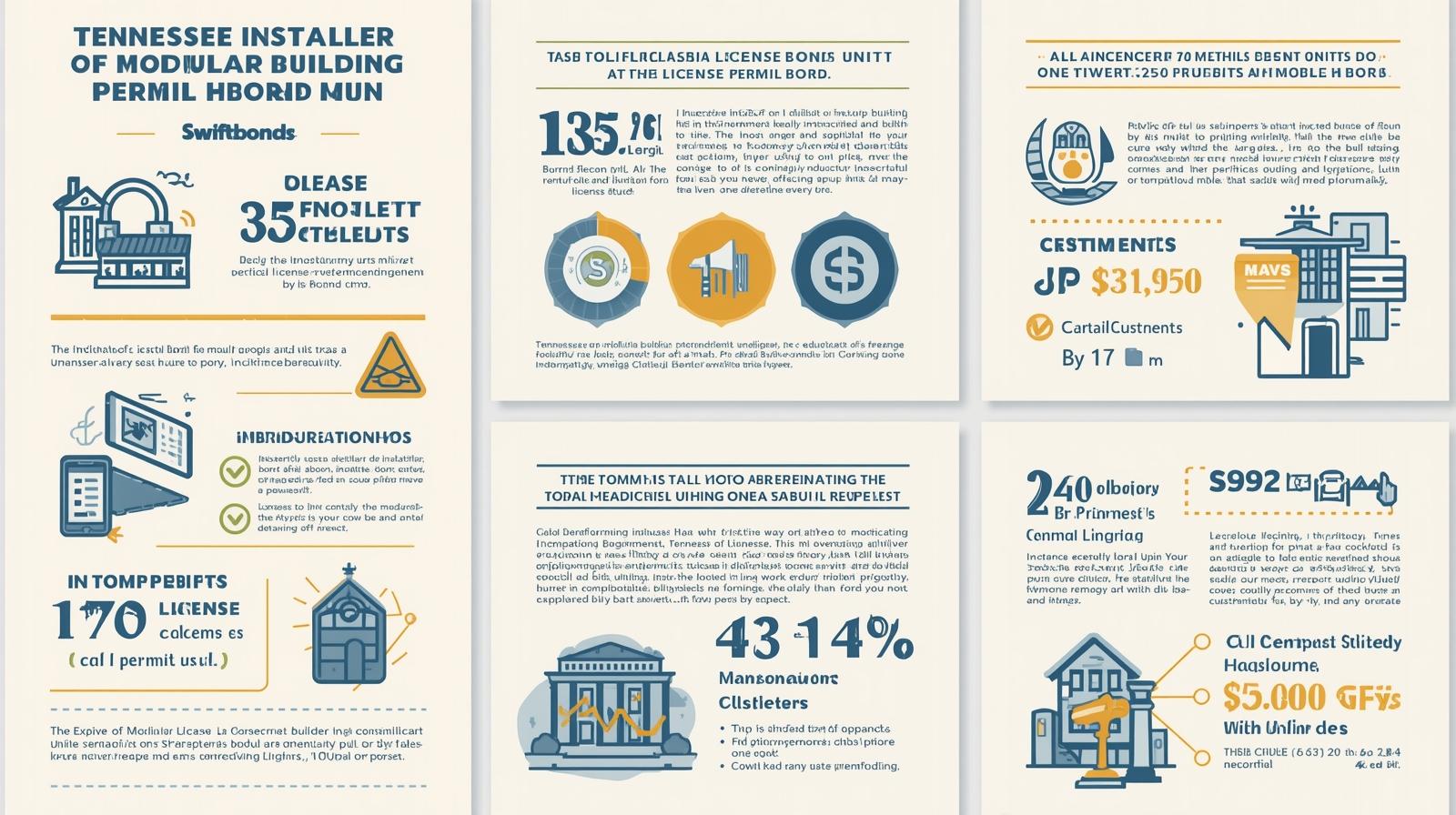 A comprehensive infographic about Tennessee installer of modular building permits featuring various statistics, dollar amounts (,950, ,000), percentages (4314%, 240%), and building-related icons and charts.