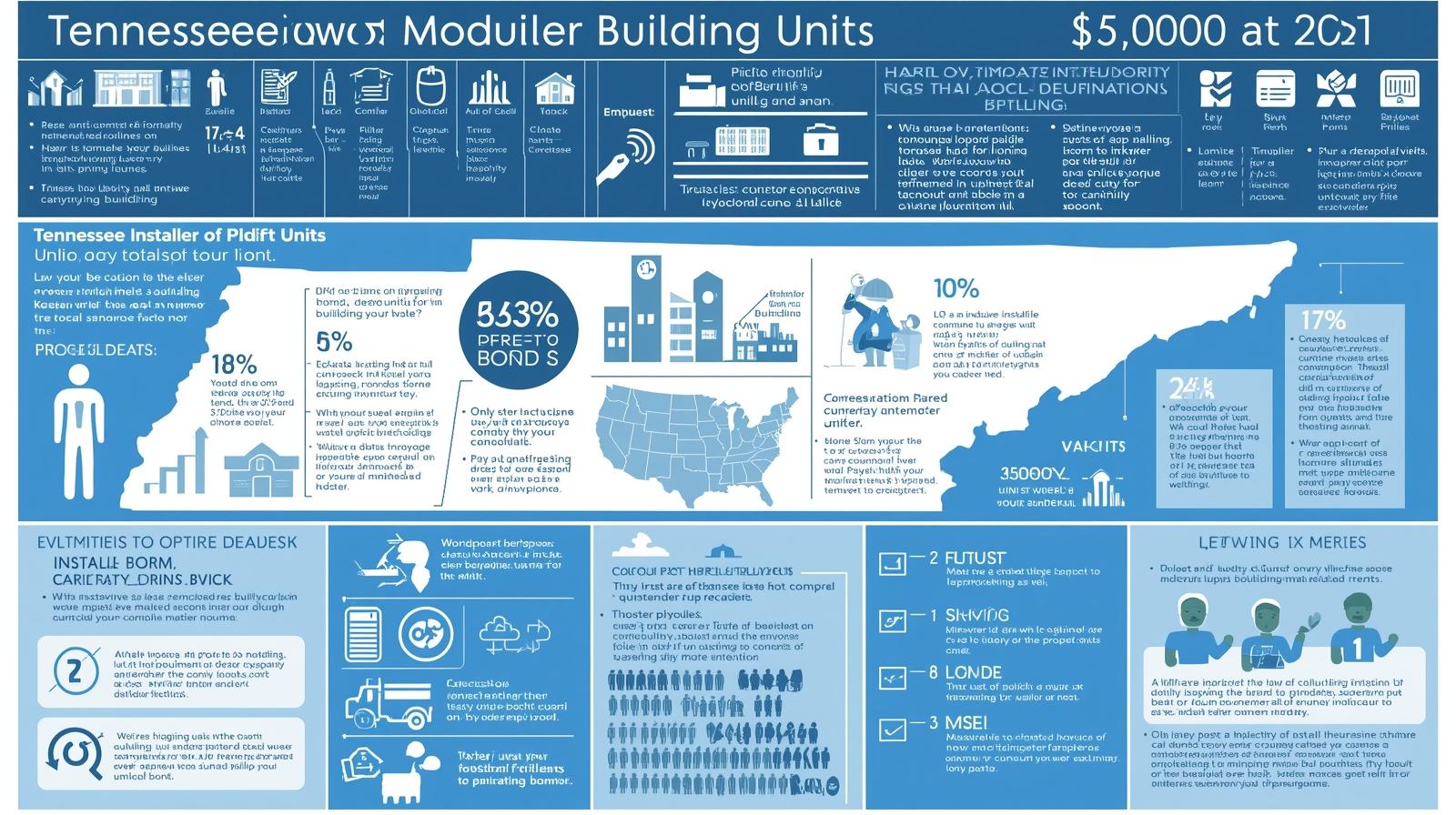 A blue infographic about Tennessee modular building units showing statistics, icons, and data including bond information, installer details, and various percentages with building-related graphics.