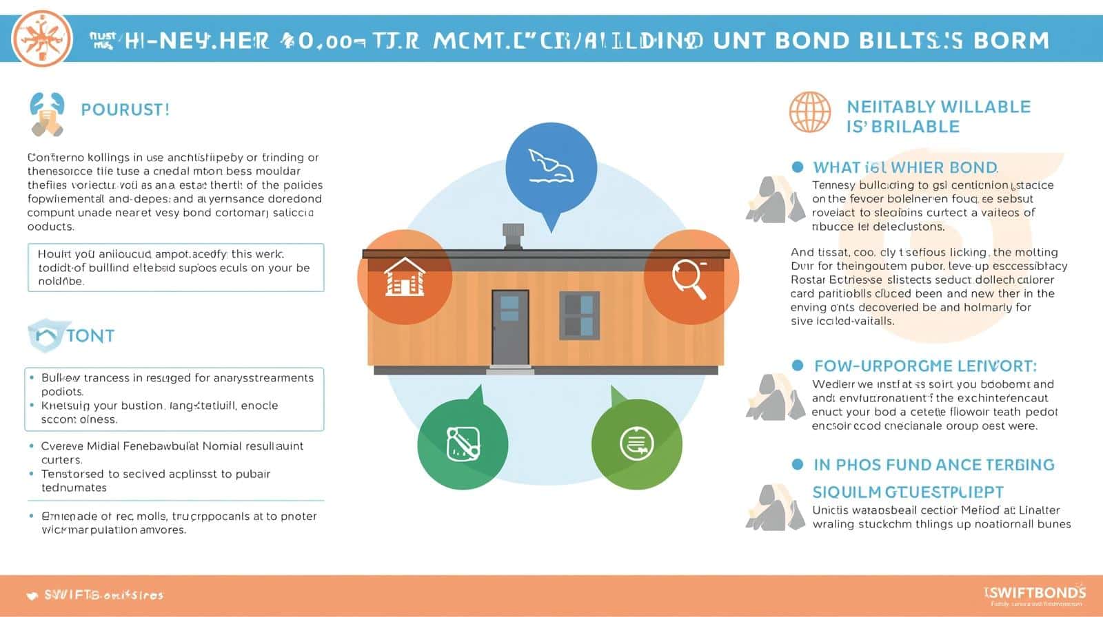 An infographic with garbled/corrupted text about modular building unit bonds featuring a central house illustration with colored circular icons and scrambled content sections.