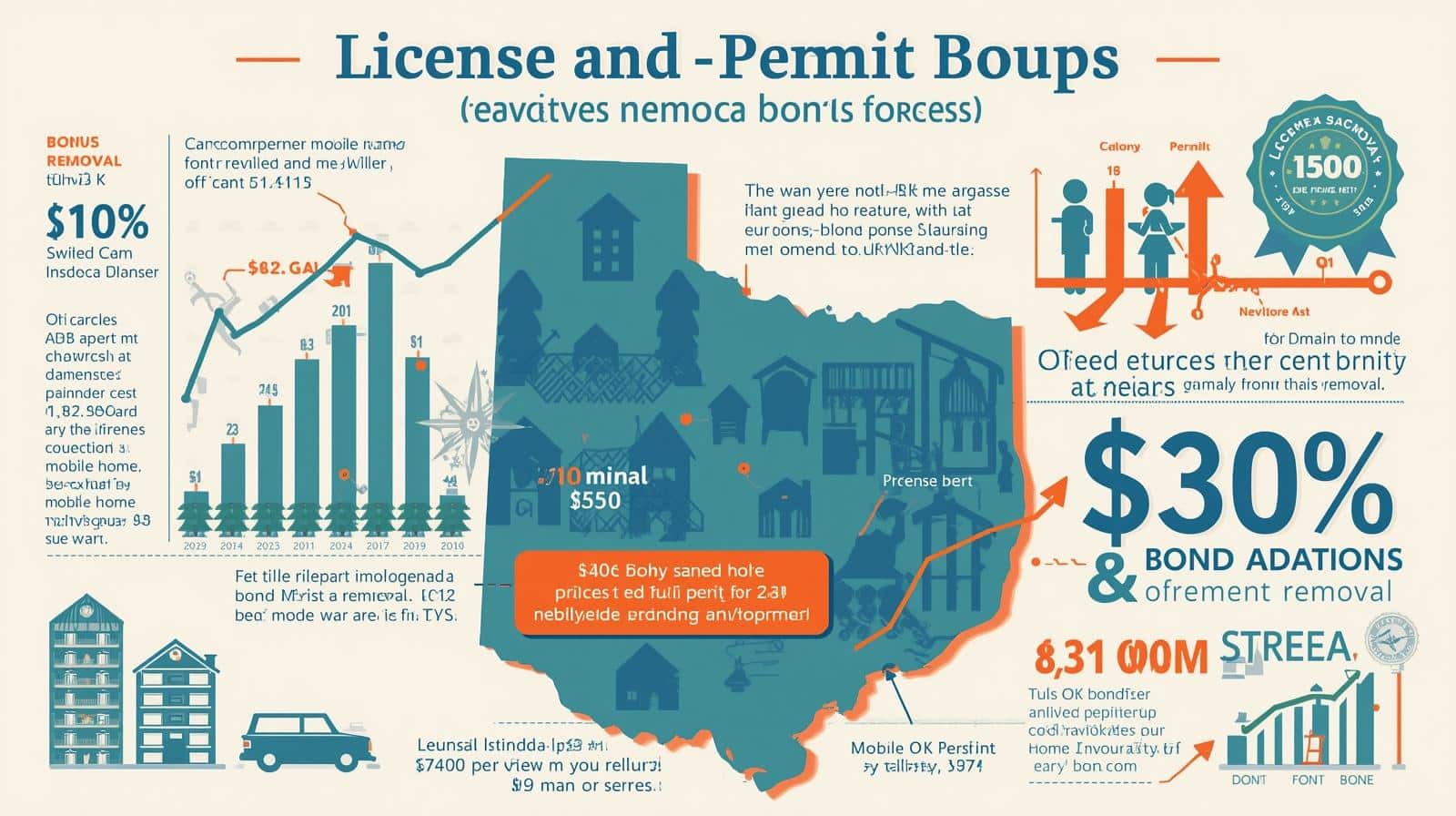 Infographic comparing license and permit bond statistics with Tulsa, OK Mobile Home Removal bond data and charts.