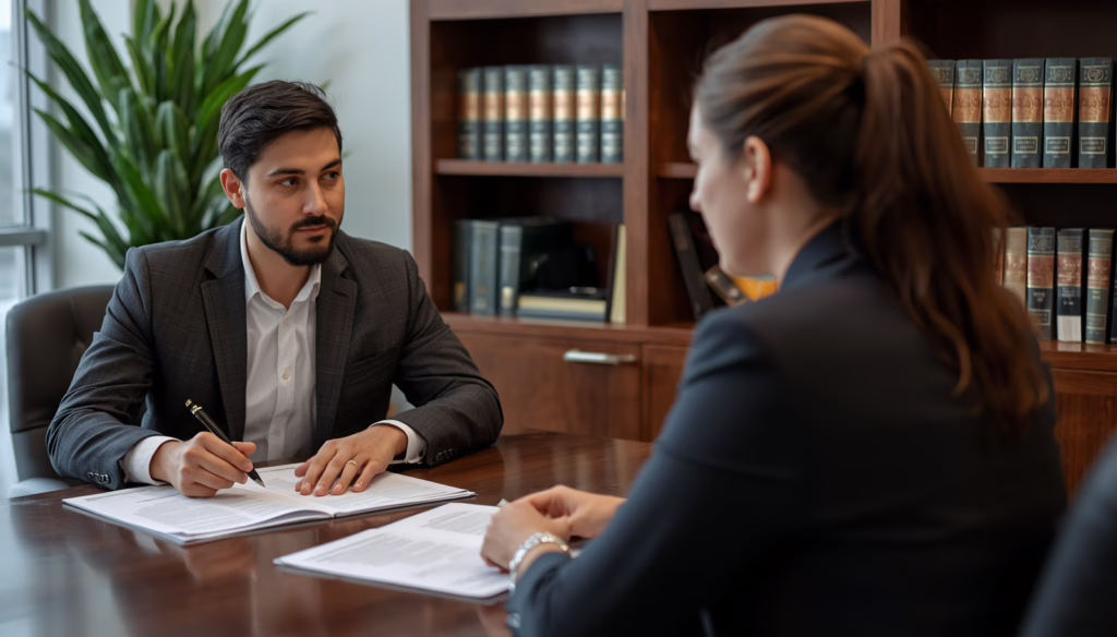 Vermont Litigation Funding Bond - NMLS consultation between legal professionals reviewing litigation funding compliance and surety bond requirements.