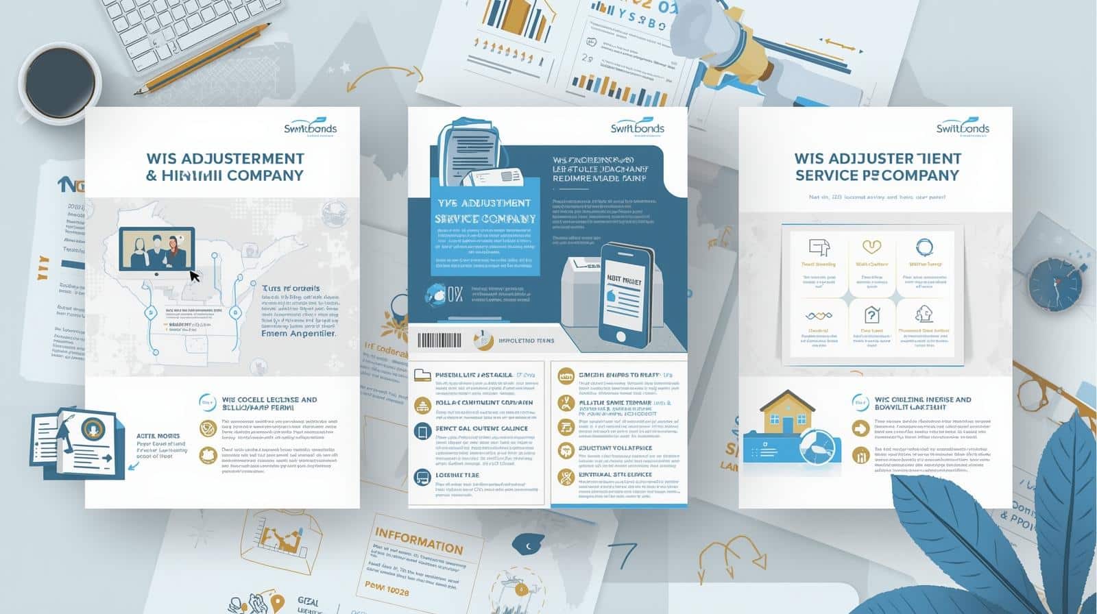Infographic showing licensing, compliance, and consumer protections for Wisconsin Adjustment Service Company Bond with icons and service details.