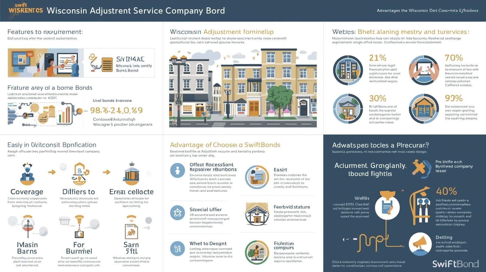 Visual breakdown of Wisconsin Adjustment Service Company Bond requirements, benefits, and SwiftBonds advantages for compliance.