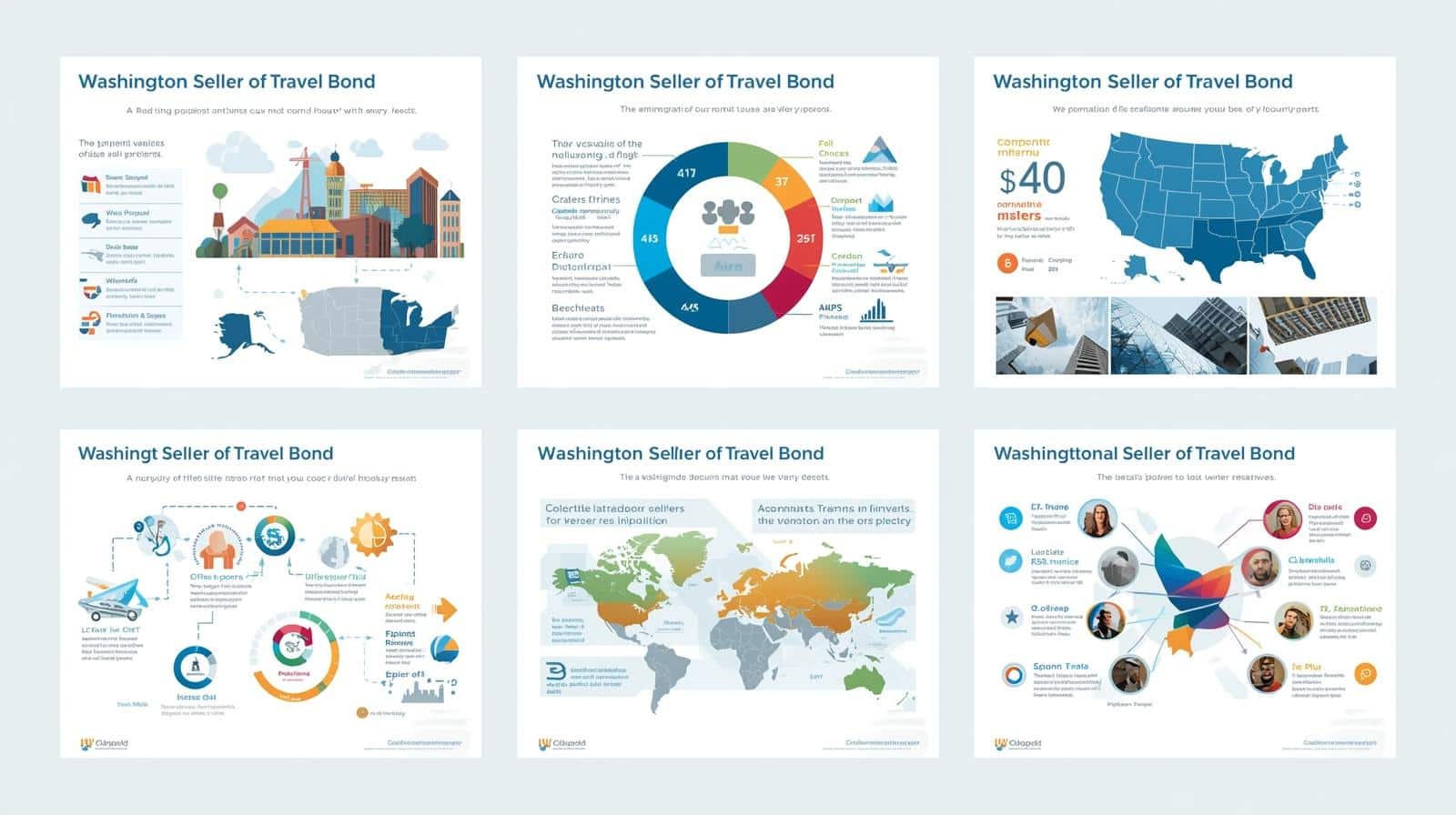 Colorful infographic collection showing various Washington Seller of Travel Bond processes, maps, and compliance visuals.