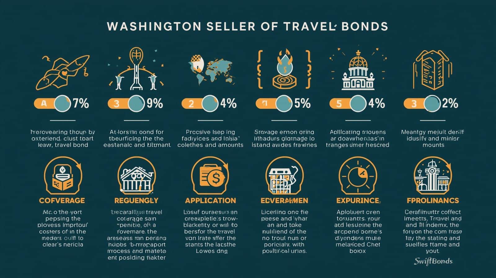 Washington Seller of Travel Bond infographic with icons showing coverage, regulations, application, and financial compliance.