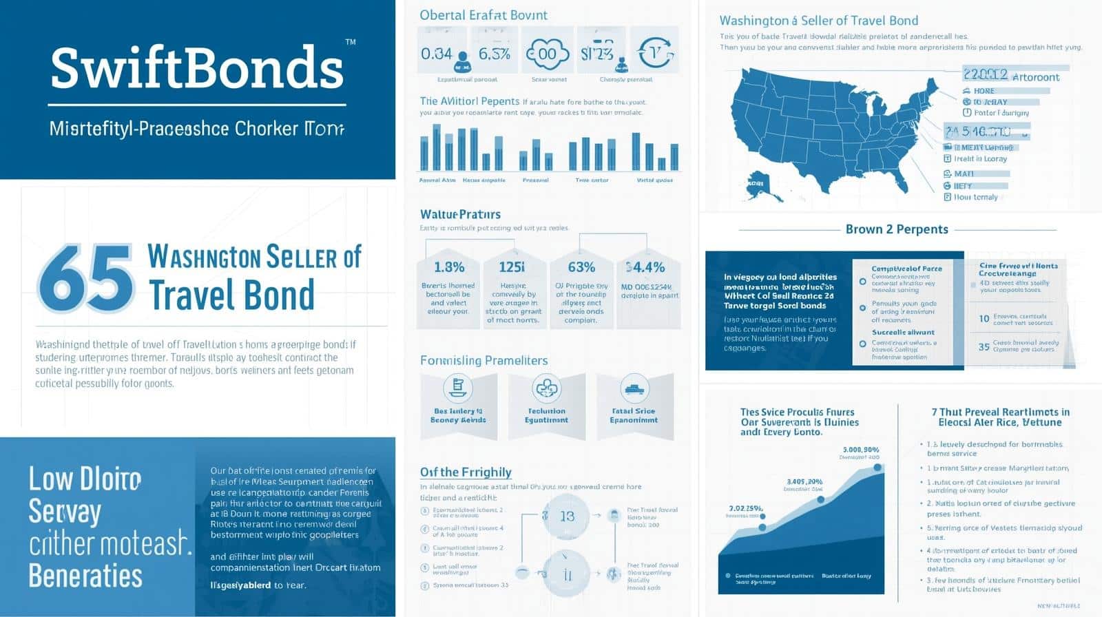 Data-driven infographic detailing Washington Seller of Travel Bond statistics, requirements, and financial metrics.
