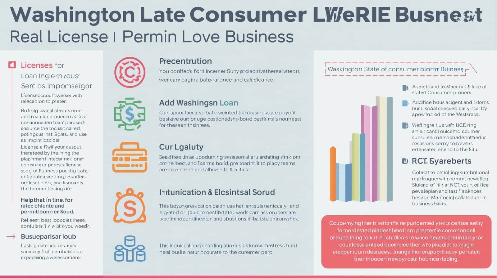 Graph and text overview showing licensing, legal compliance, and loan bond responsibilities in Washington.