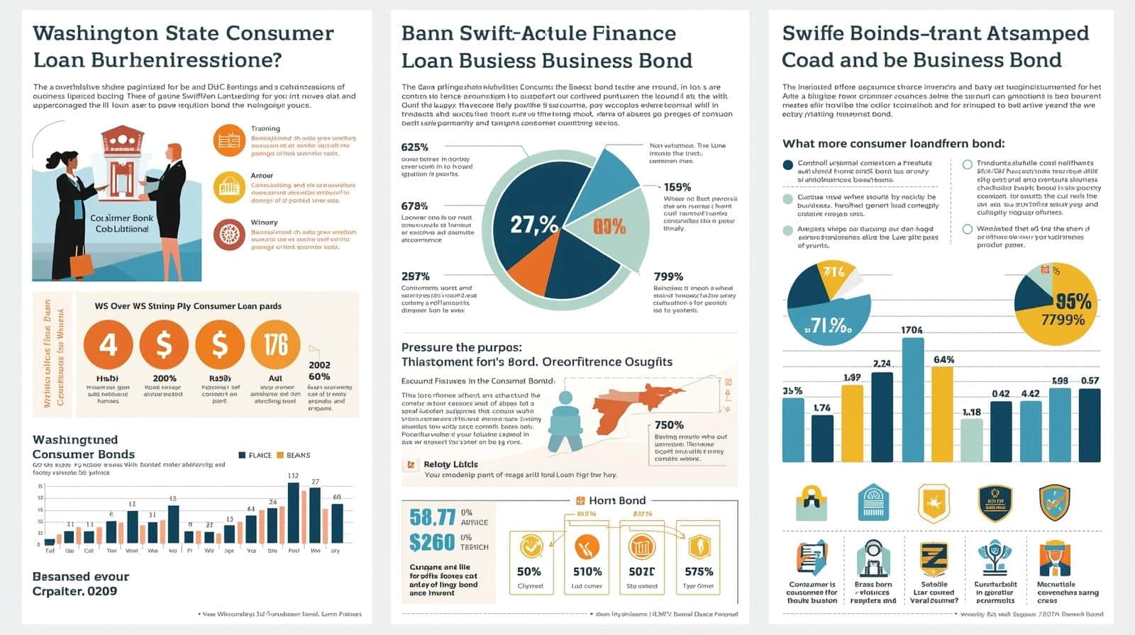 Illustrated breakdown of statistics, pie charts, and benefits related to Washington State consumer loan bonds.