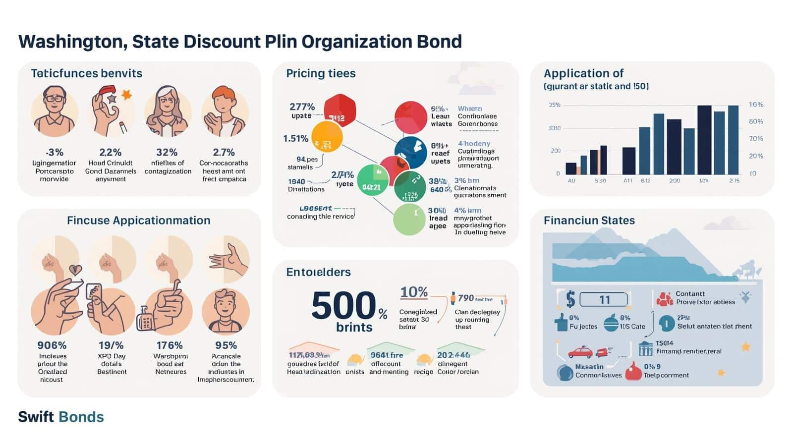 Infographic explaining Washington State Discount Plan Organization Bond with visuals on benefits, pricing tiers, application, and financial statistics.