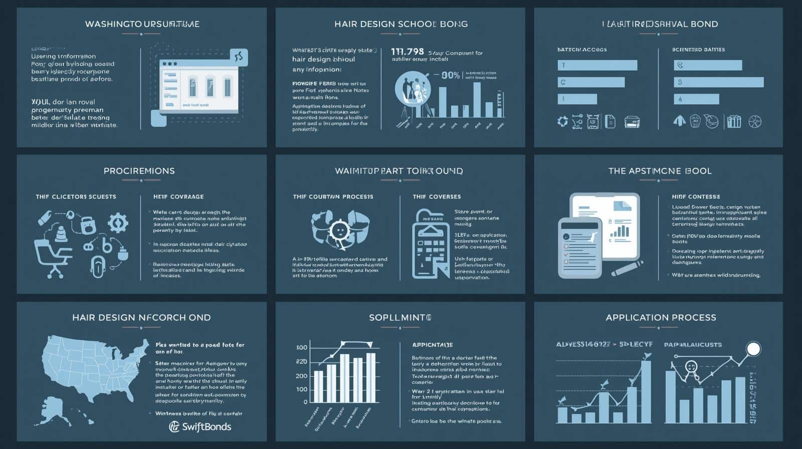Grid-style infographic outlining Hair Design School Bond coverage, bond process, compliance enforcement, and application procedures in Washington.