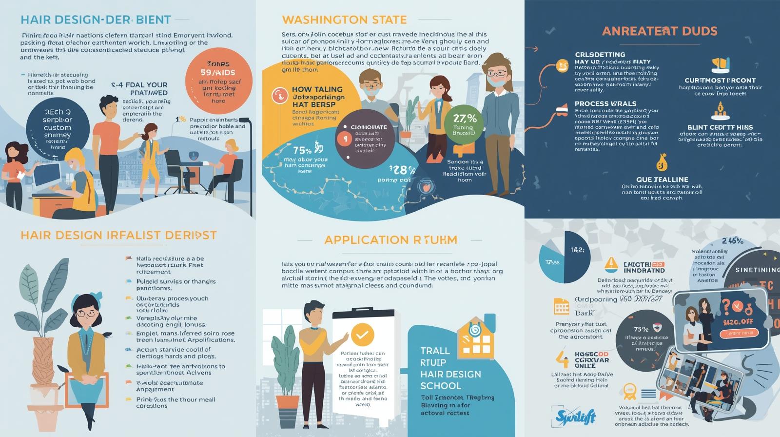 Illustrated infographic highlighting Washington State Hair Design School Bond requirements, application process, and benefits for students and schools.
