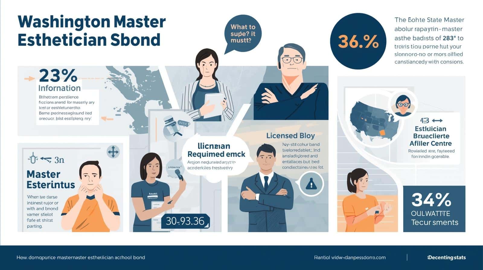 Infographic showing Washington Master Esthetician Bond requirements with licensing details, training statistics, and regional data.