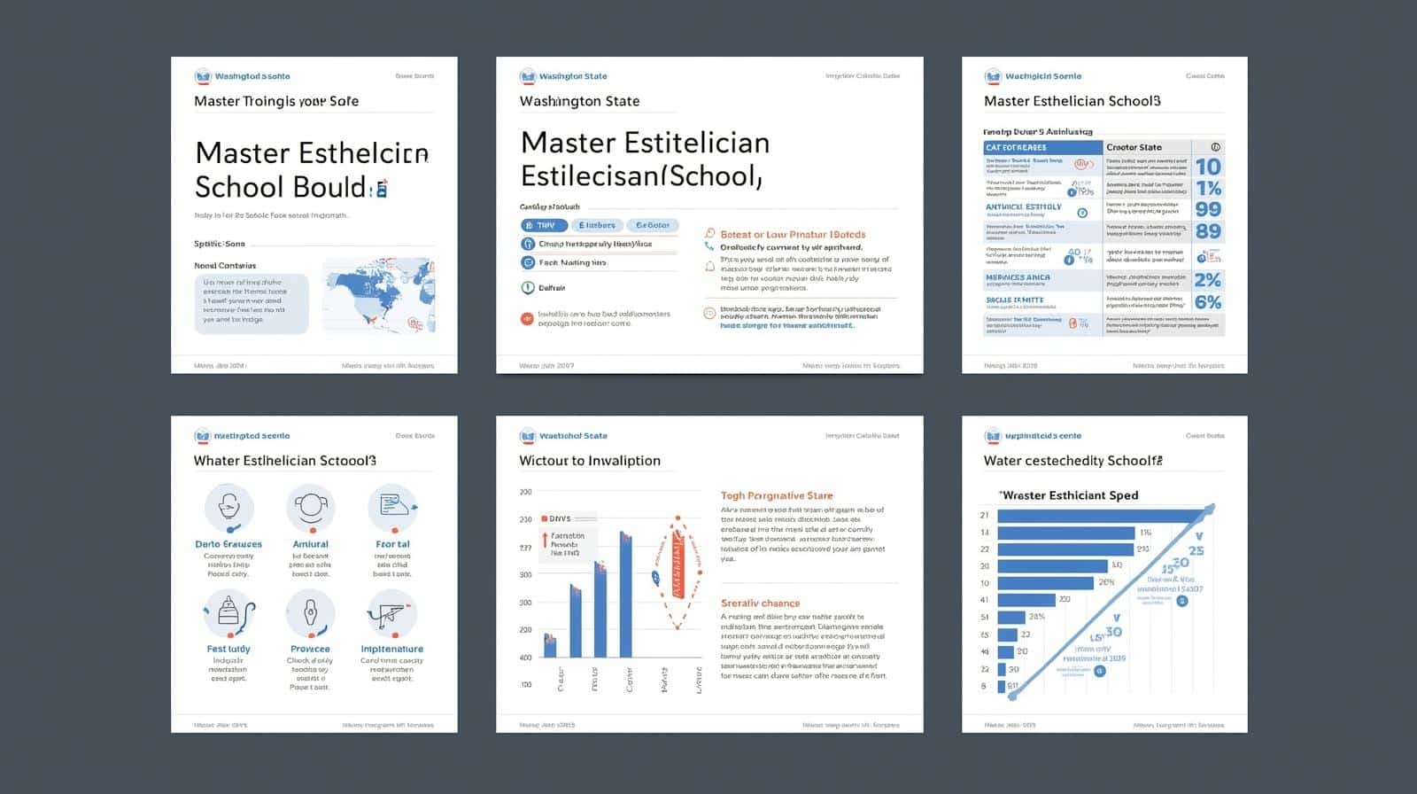Educational slides outlining Washington Master Esthetician School Bond compliance, licensing data, and key performance charts.