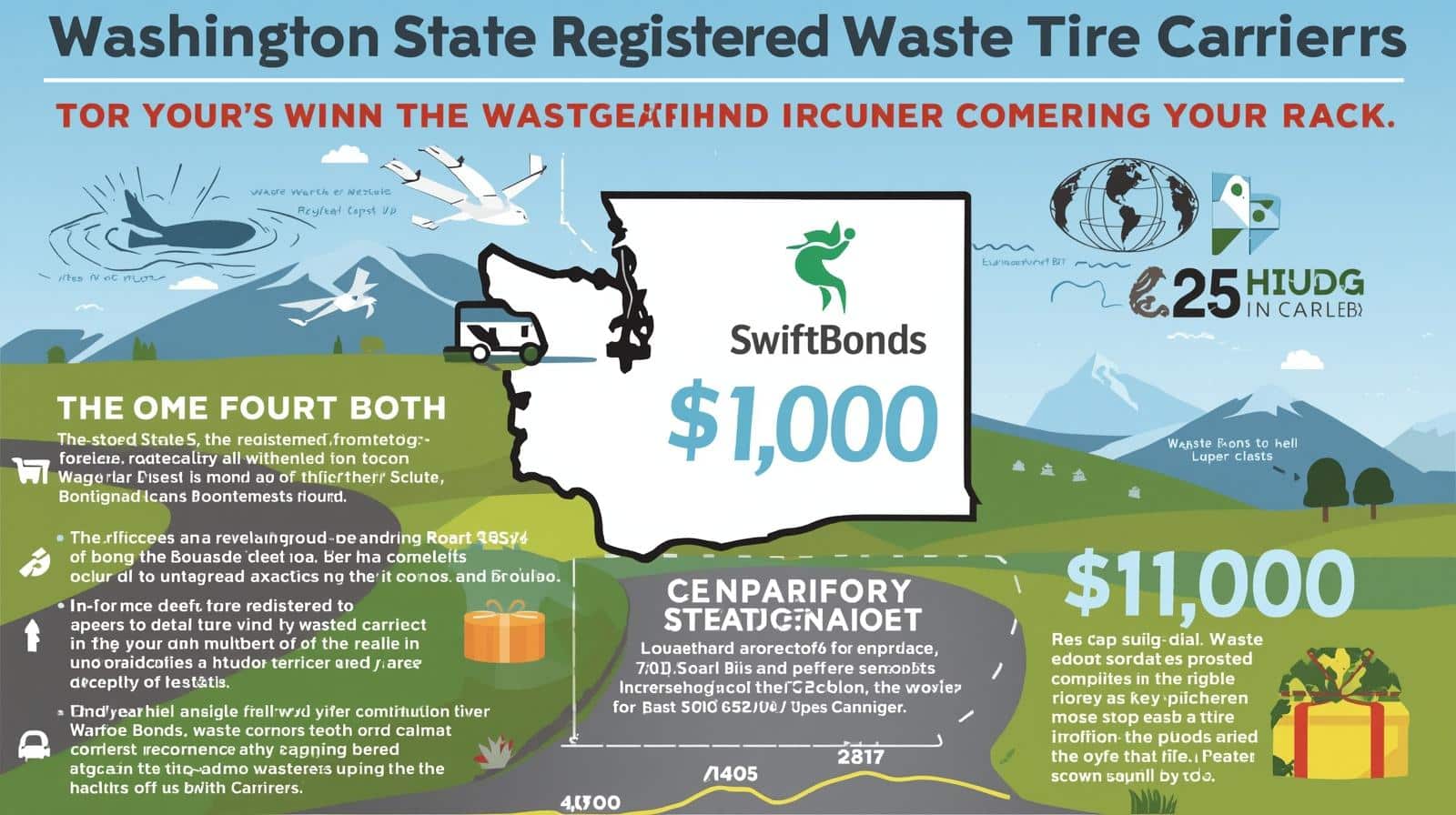 Washington State Registered Waste Tire Carriers infographic showing ,000 bond requirements.
