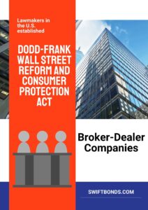 Broker Dealer Companies Flyer - The flyer shows an image of a company building, a logo of lawmakers, and a dark blue, red and white colors.