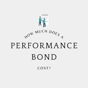How Much Does a Performance Bond Cost? The logo shows a two person hand shaking and a contract document in an off white colored background.