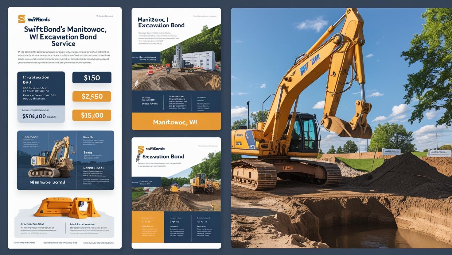 Large excavator at a construction site representing Manitowoc, WI excavation bond services.