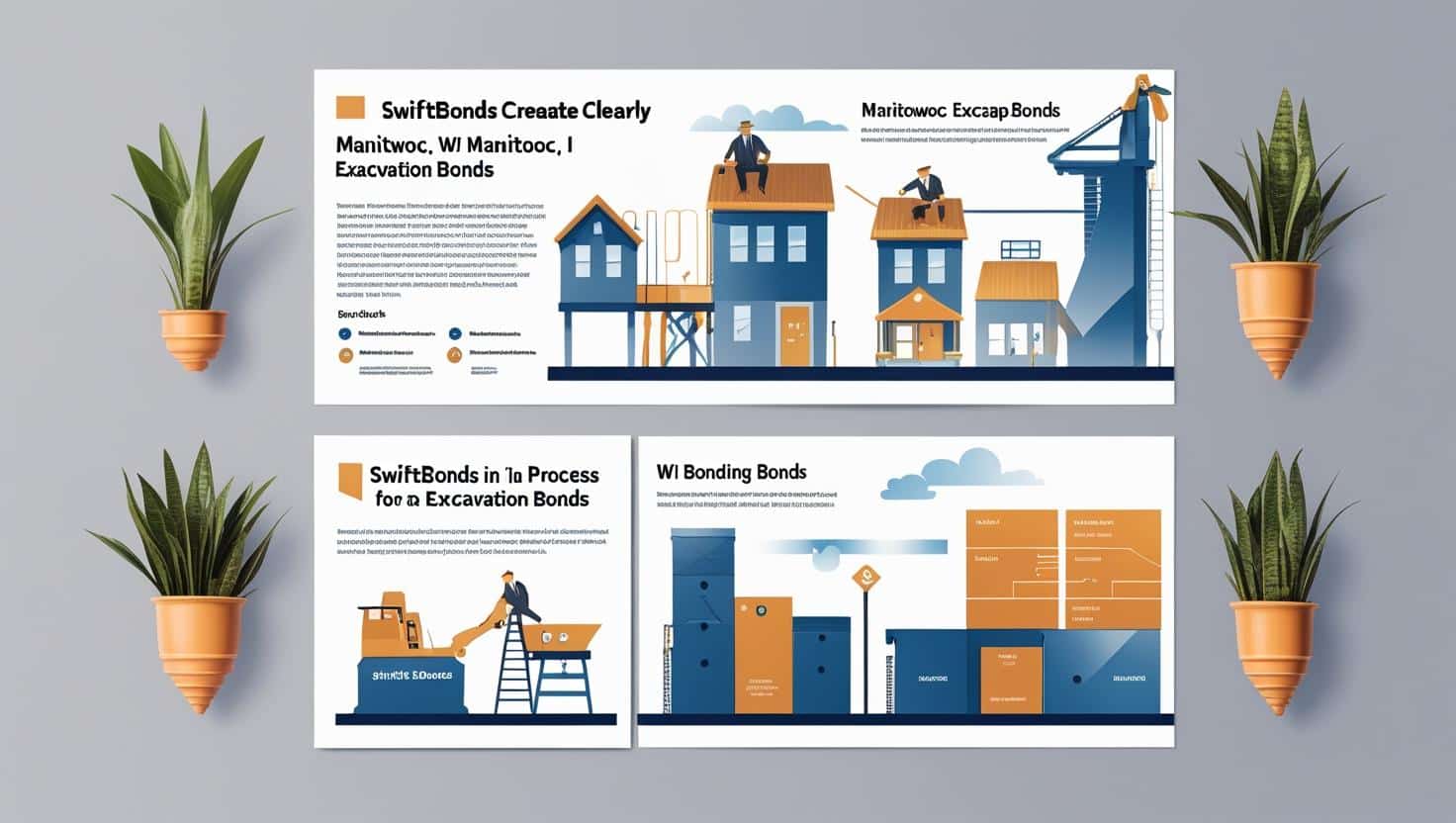 Illustration of SwiftBonds Manitowoc, WI Excavation Bond process with construction workers and houses.