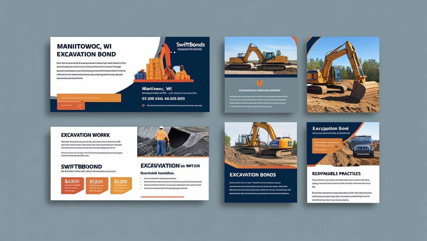 Manitowoc, WI excavation bond visuals featuring excavators and bonding requirements.