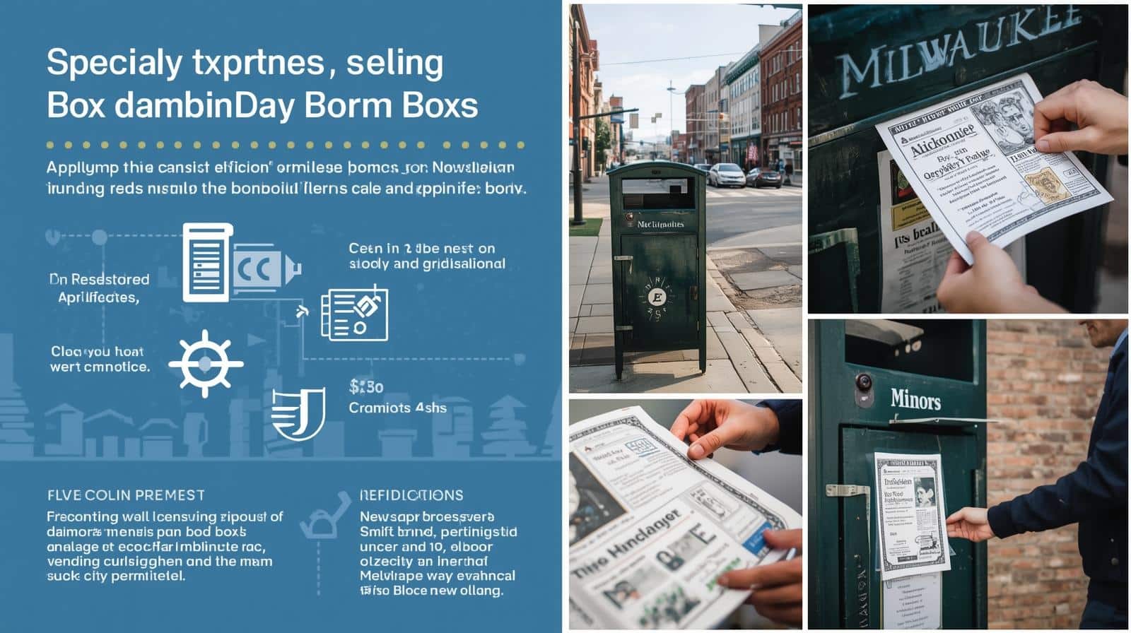 Milwaukee street scenes showing green newspaper vending boxes, bond compliance details, and people interacting with printed notices.