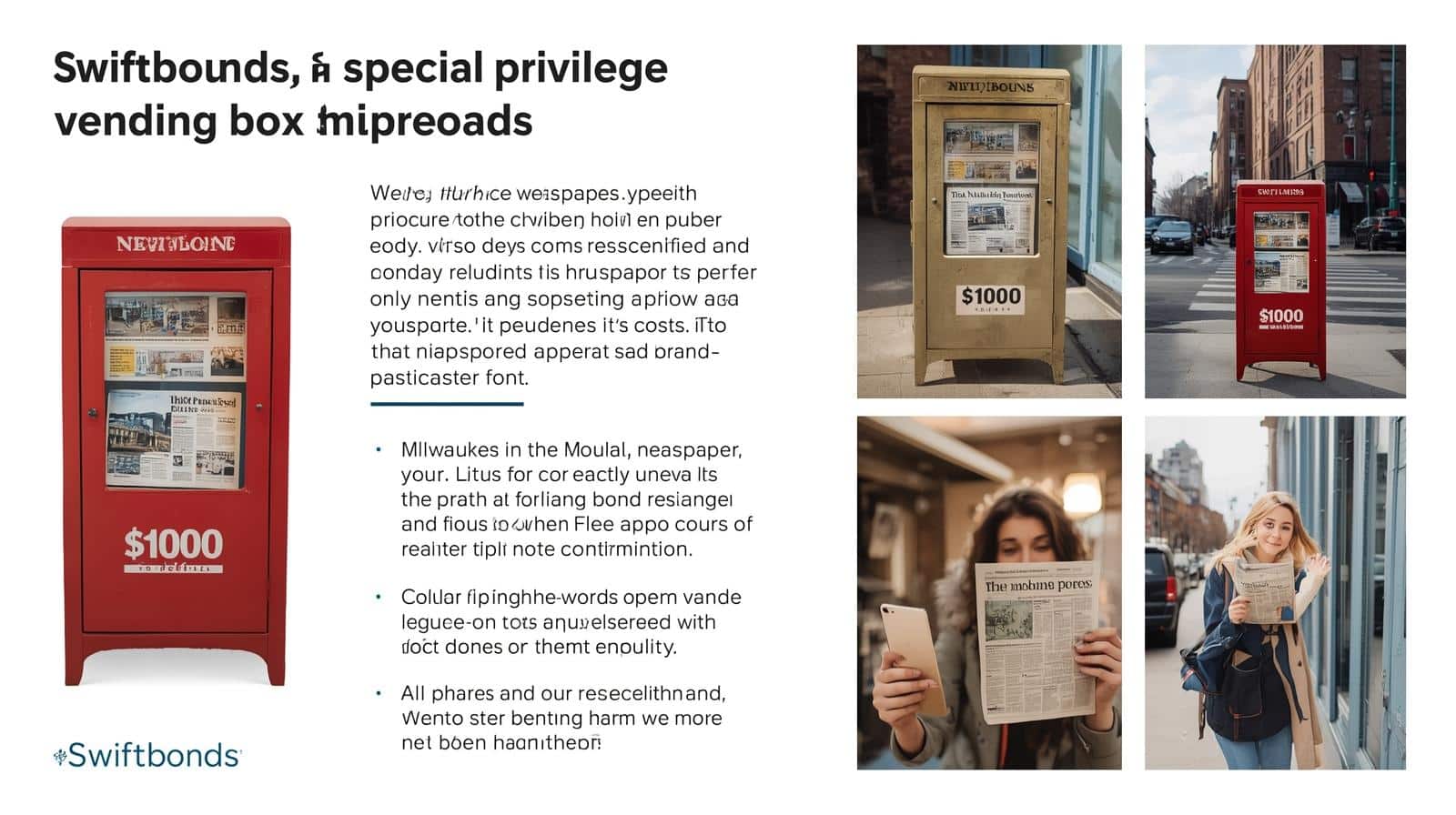 Visual breakdown of Swiftbonds’ special privilege vending box bond with images of newspaper boxes and individuals using them.